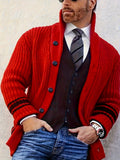 men's red chunky knit longline cardigan with a stand collar