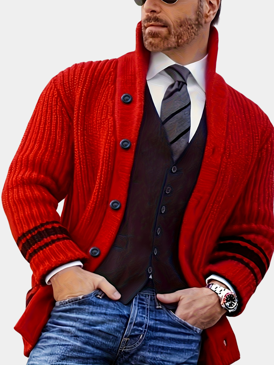 men's red chunky knit longline cardigan with a stand collar