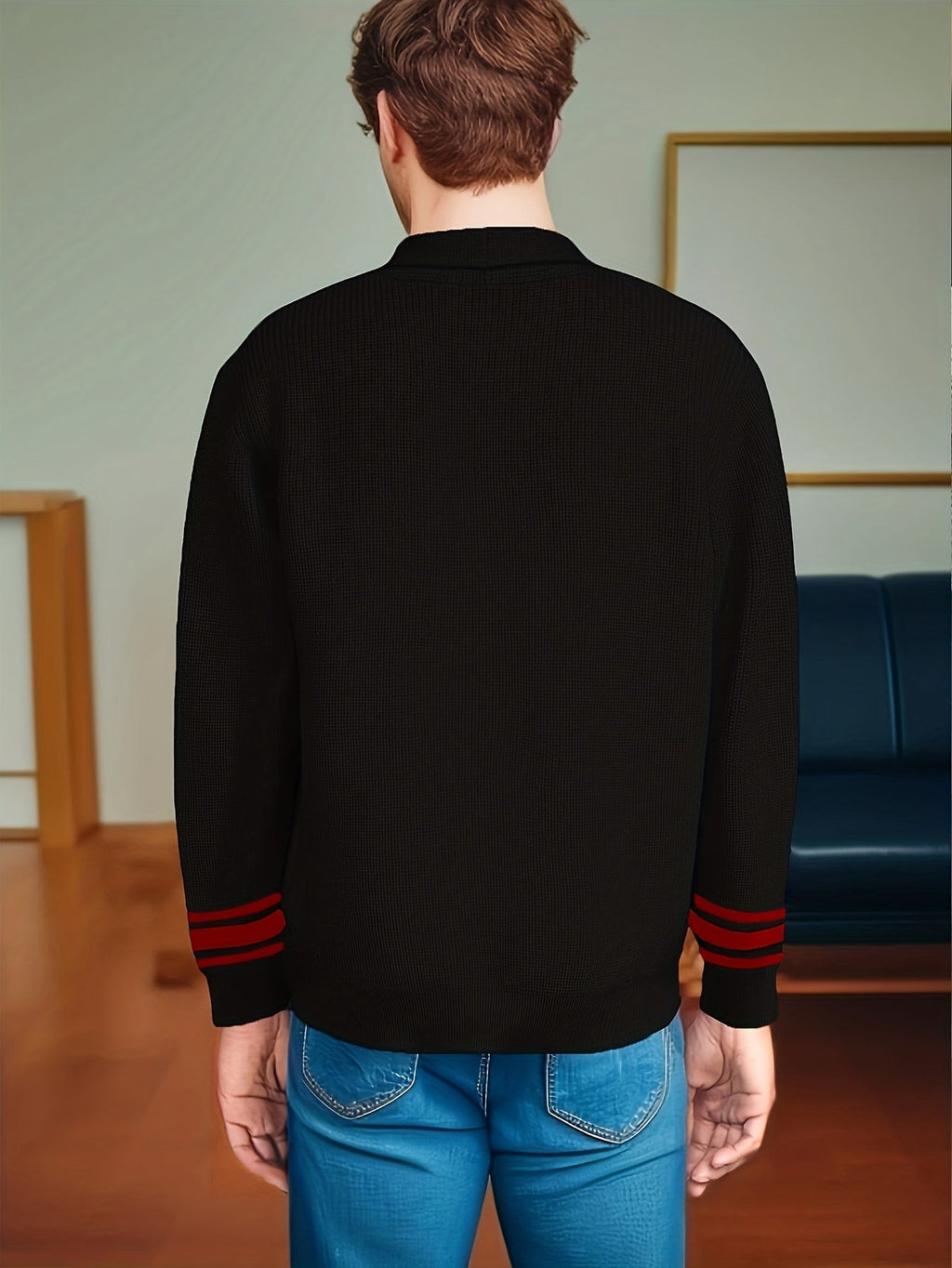 men's black chunky knit longline cardigan with a stand collar