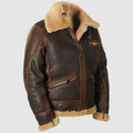 Men's brown leather aviator jacket with a shearling collar, front view, zip closed.