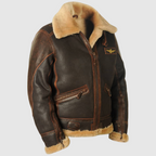 Men's brown leather aviator jacket with a shearling collar, front view, zip closed.