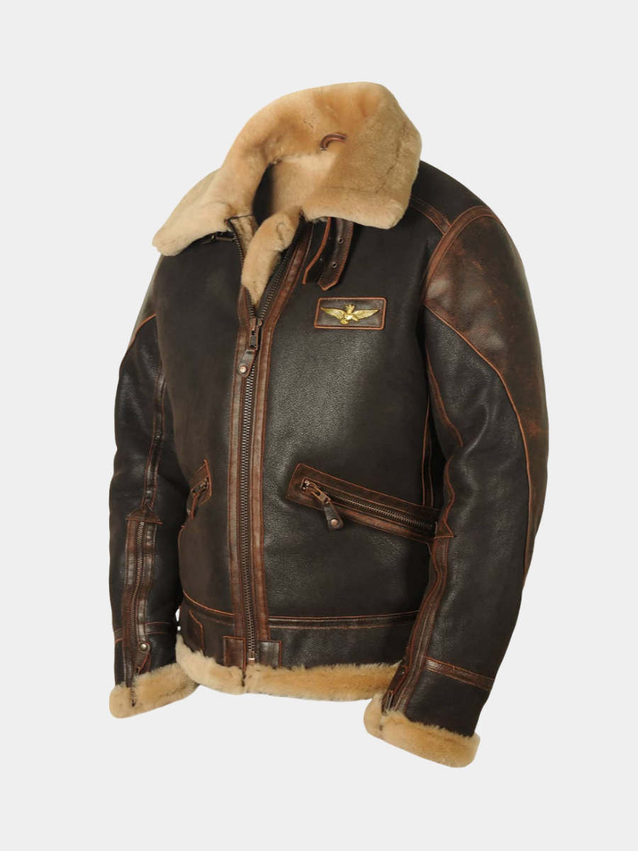 Men's brown leather aviator jacket, angled front view showing the side pocket.
