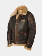 Men's brown leather aviator jacket, angled front view showing the side pocket.