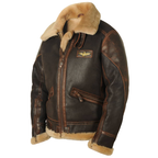 Men's brown leather aviator jacket, front view highlighting the chest badge detail.