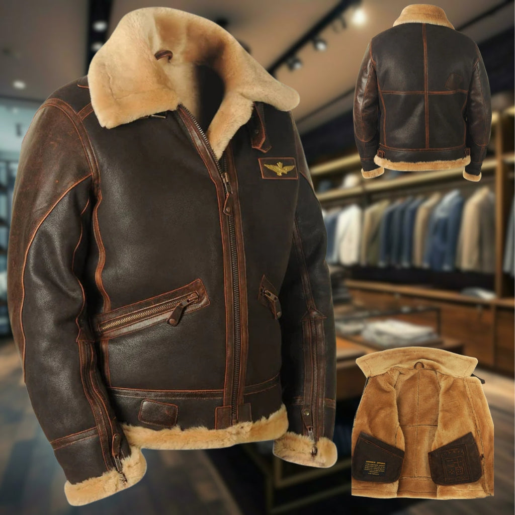 Men's brown leather aviator jacket styled on display, showing front and back views.