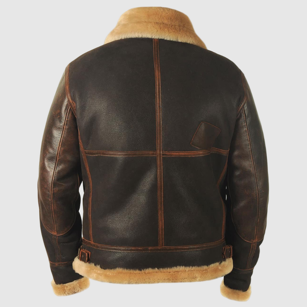 Men's brown leather aviator jacket, back view showing the shearling-trimmed hem.