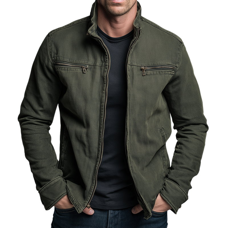 Army green relaxed-fit cotton jacket for men, casual transitional style