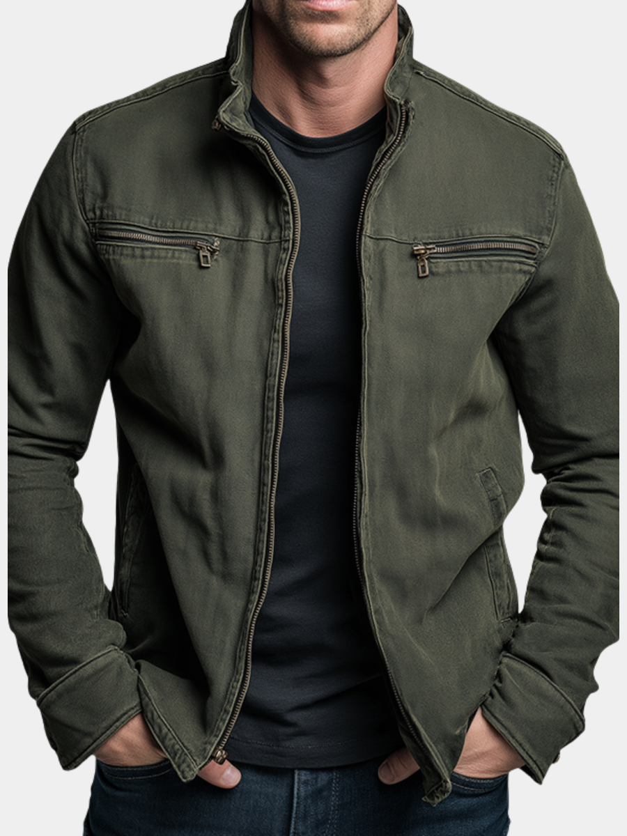 Army green relaxed-fit cotton jacket for men, casual transitional style