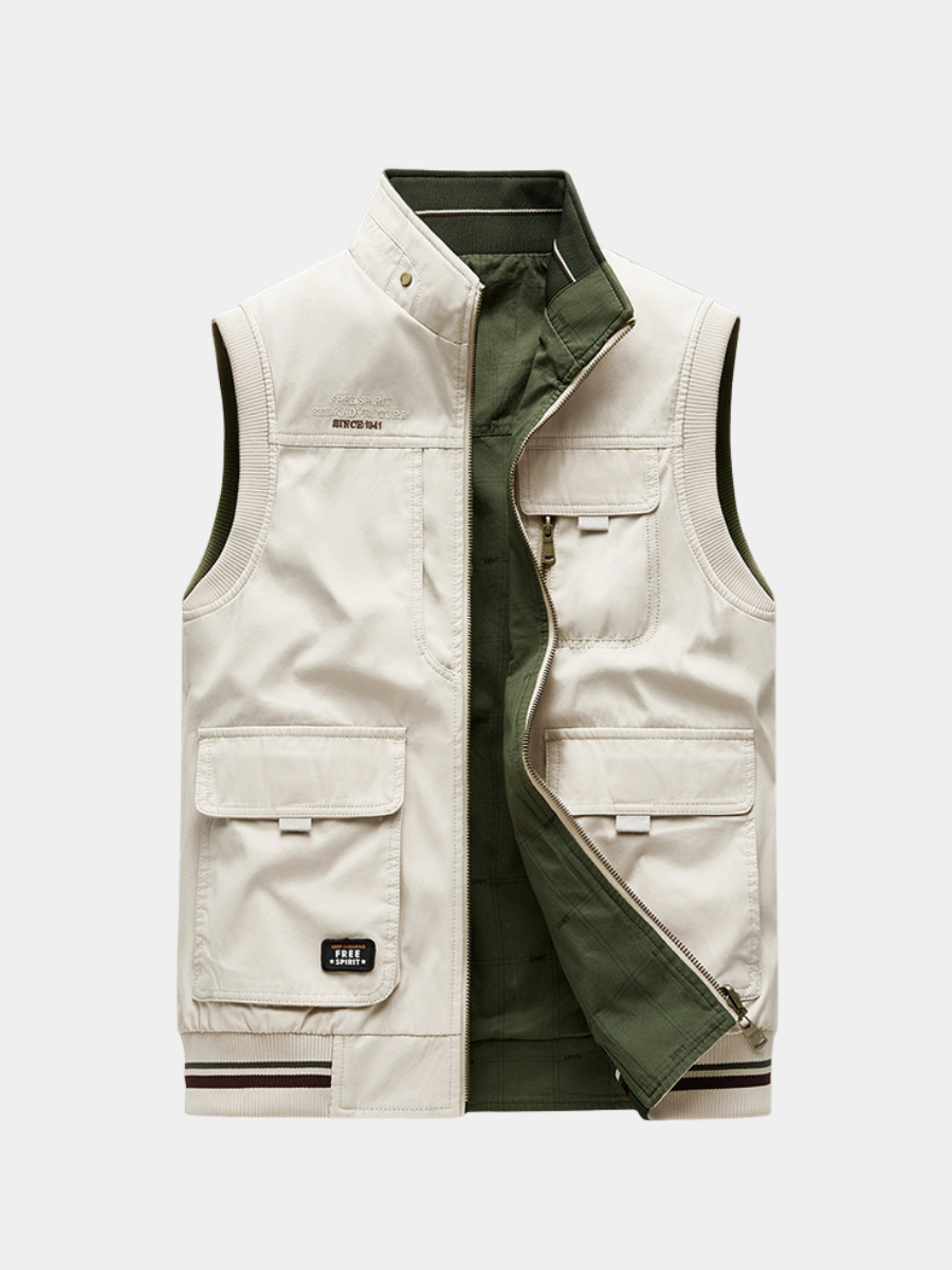 Men's multi-pocket layering gilet in green and beige with a structured fit