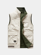 Men's multi-pocket layering gilet in green and beige with a structured fit