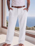 men's white straight leg linen trousers in a regular fit