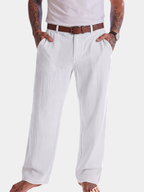 men's white straight leg linen trousers in a regular fit