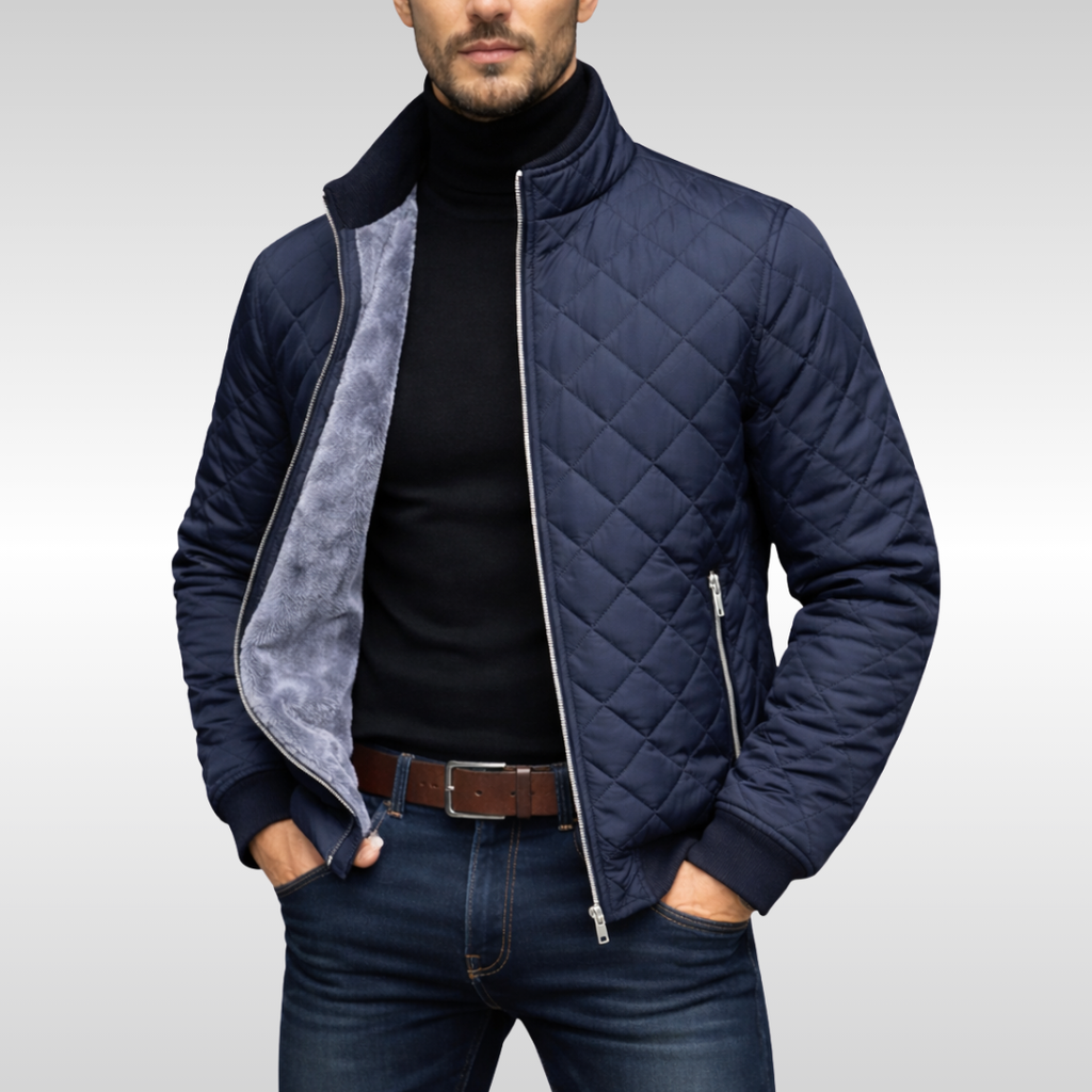 Men's quilted insulated puffer jacket in navy blue with a stand collar