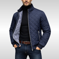 Men's quilted insulated puffer jacket in navy blue with a stand collar