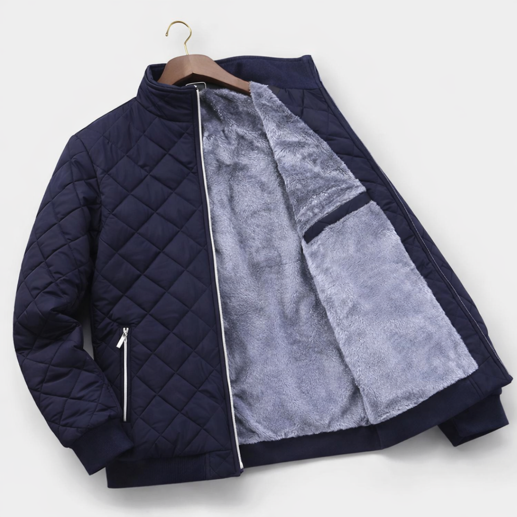 Men's quilted insulated puffer jacket in grey with a stand collar