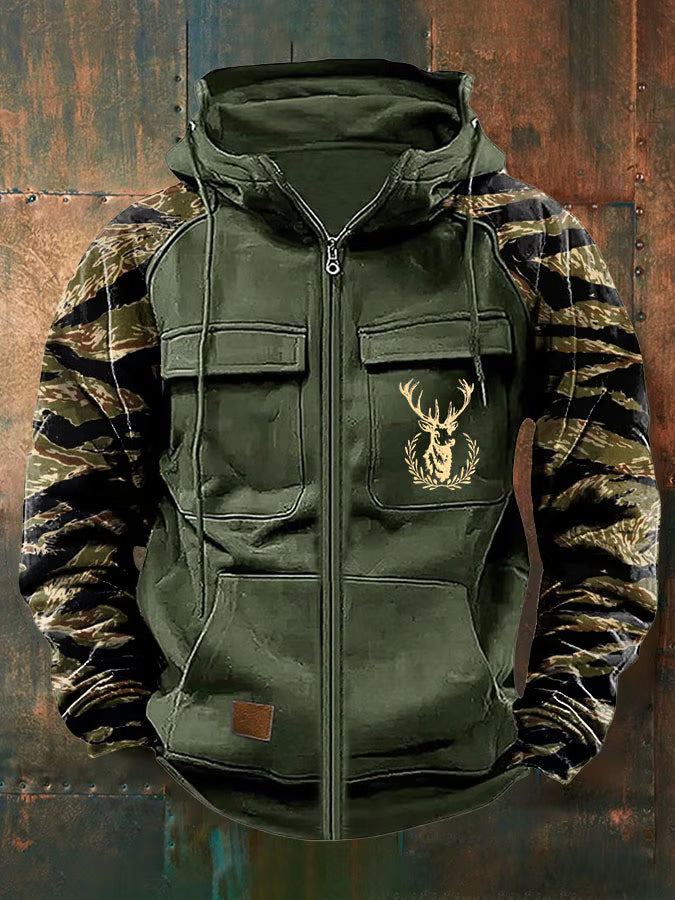 Green multi-pocket zip hoodie with a drawstring hood for men.