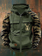 Green multi-pocket zip hoodie with a drawstring hood for men.