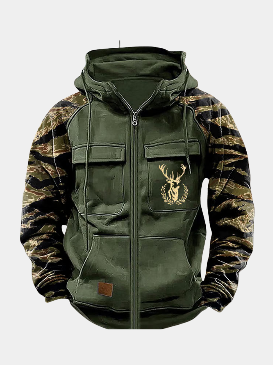 Green multi-pocket zip hoodie with a drawstring hood for men.