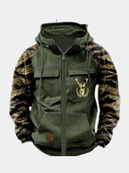 Green multi-pocket zip hoodie with a drawstring hood for men.