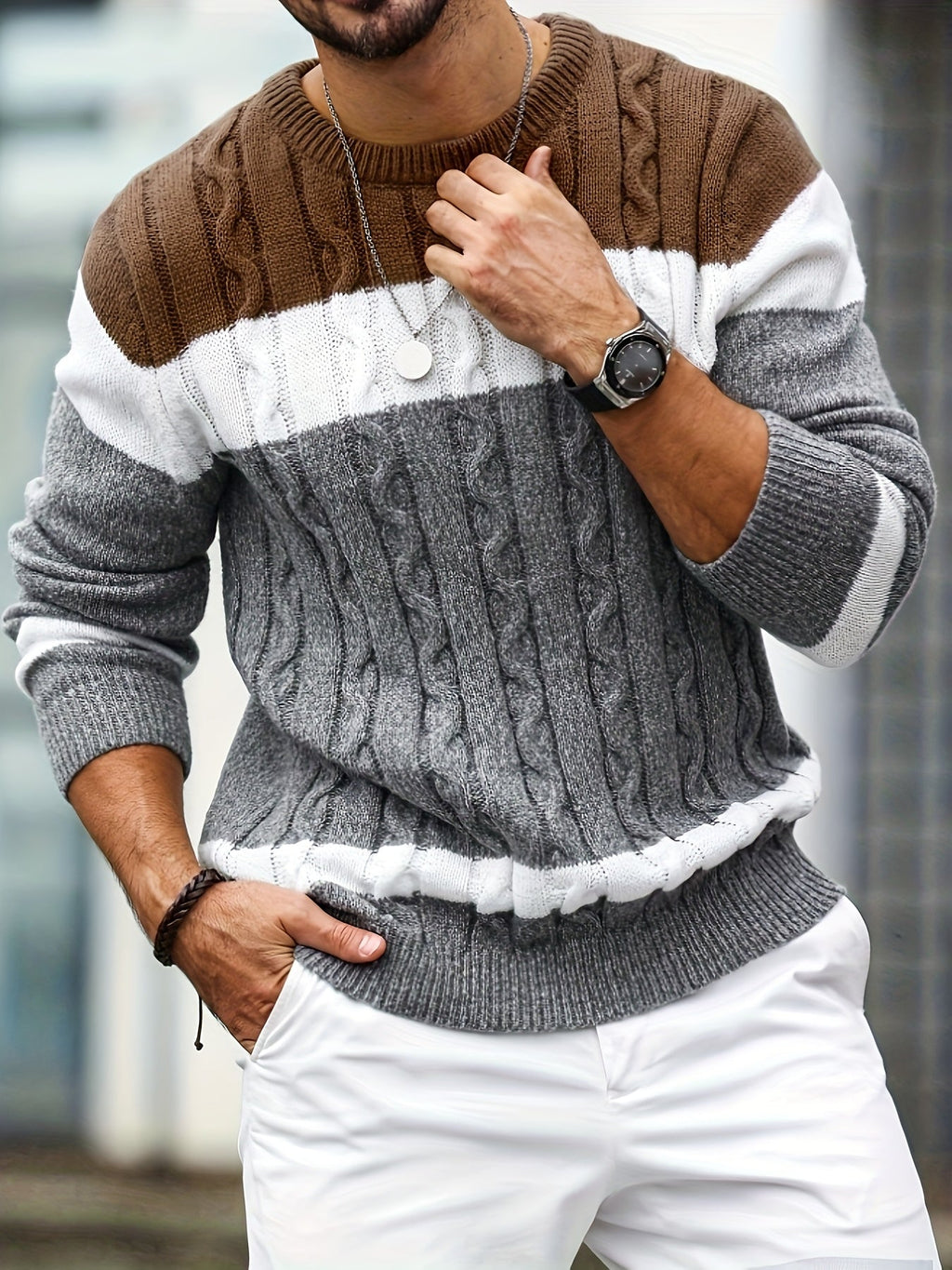 Men's colour block cable knit jumper in grey with a crew neck