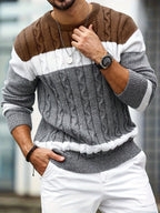 Men's colour block cable knit jumper in grey with a crew neck