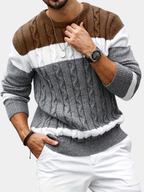 Men's colour block cable knit jumper in grey, close-up of the ribbed cuffs