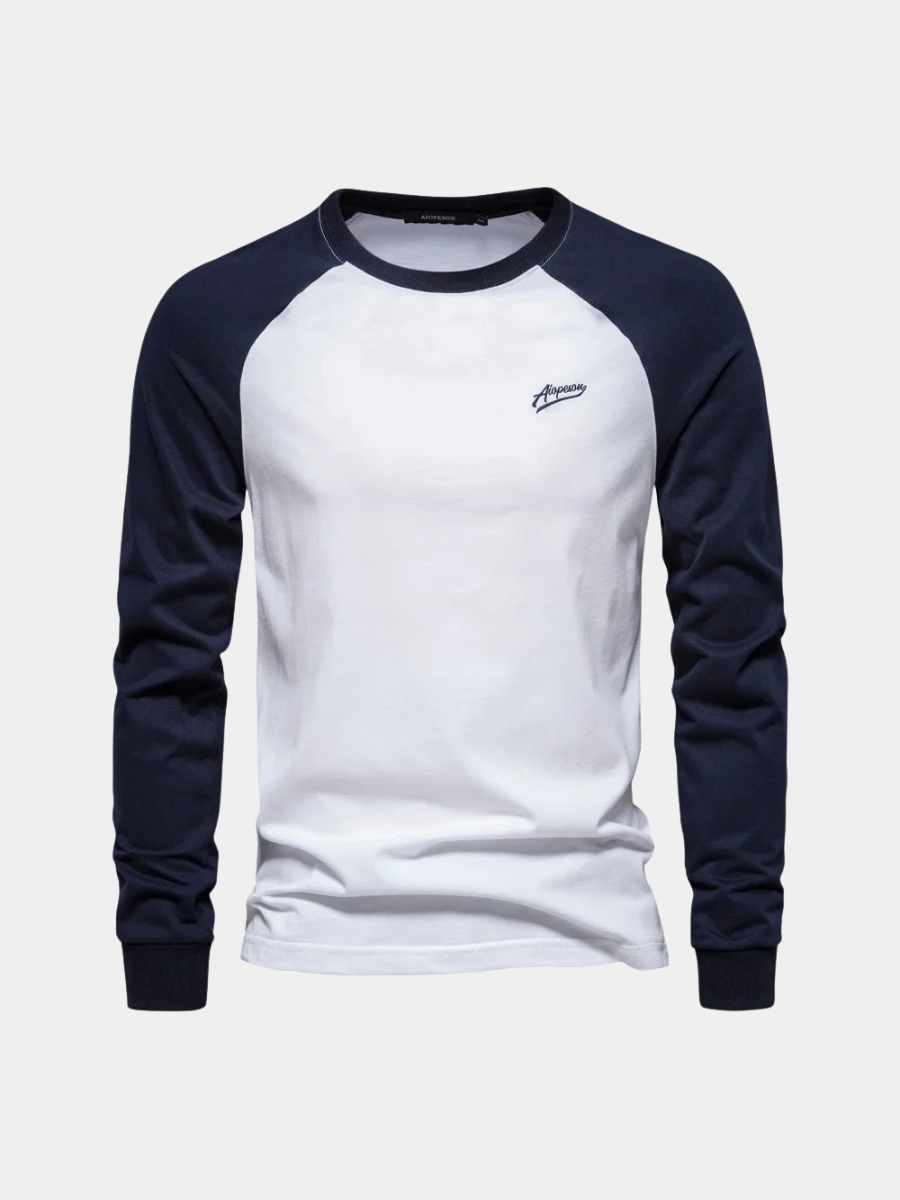 White raglan long sleeve cotton t-shirt, shown as a flat lay