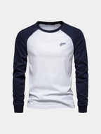 White raglan long sleeve cotton t-shirt, shown as a flat lay