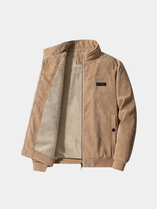 Men's corduroy jacket in khaki, unzipped to show the sherpa fleece lining