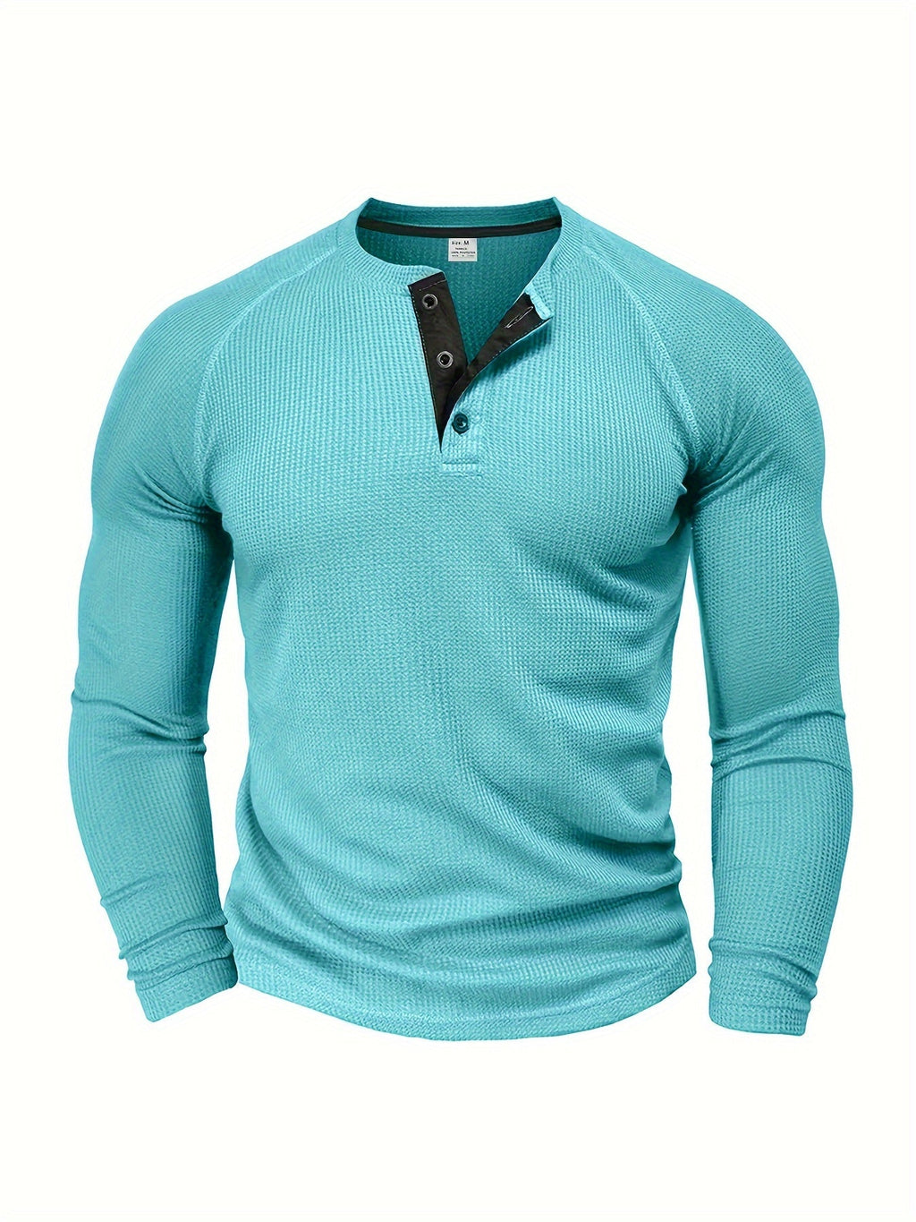 Blue raglan sleeve knit shirt with a half-placket button for men
