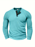 Blue raglan sleeve knit shirt with a half-placket button for men