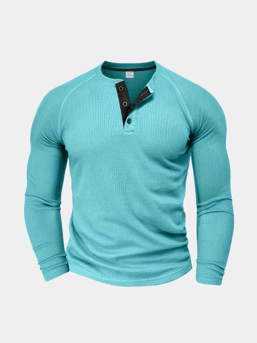 Blue raglan sleeve knit shirt with a half-placket button for men