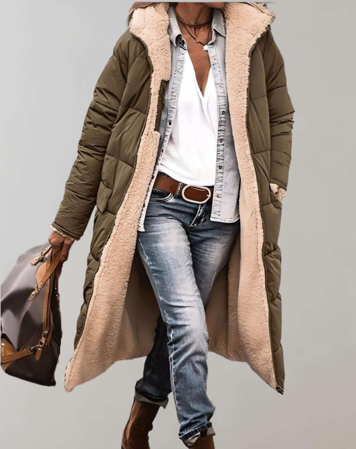 Army Green Fleece-lined puffer jacket with winter coat