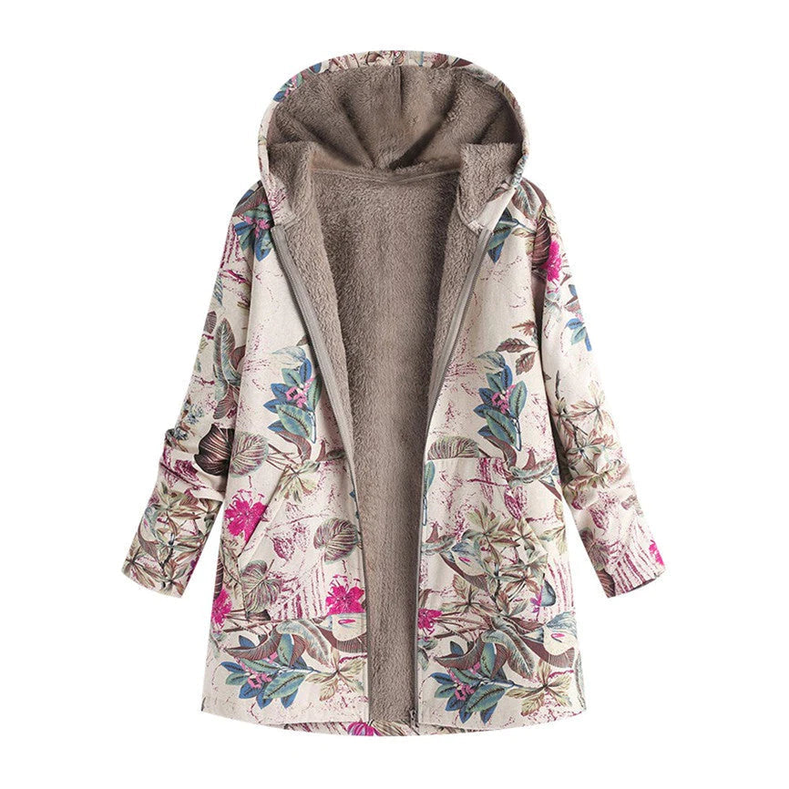 White Floral hooded winter coat for wet weather days