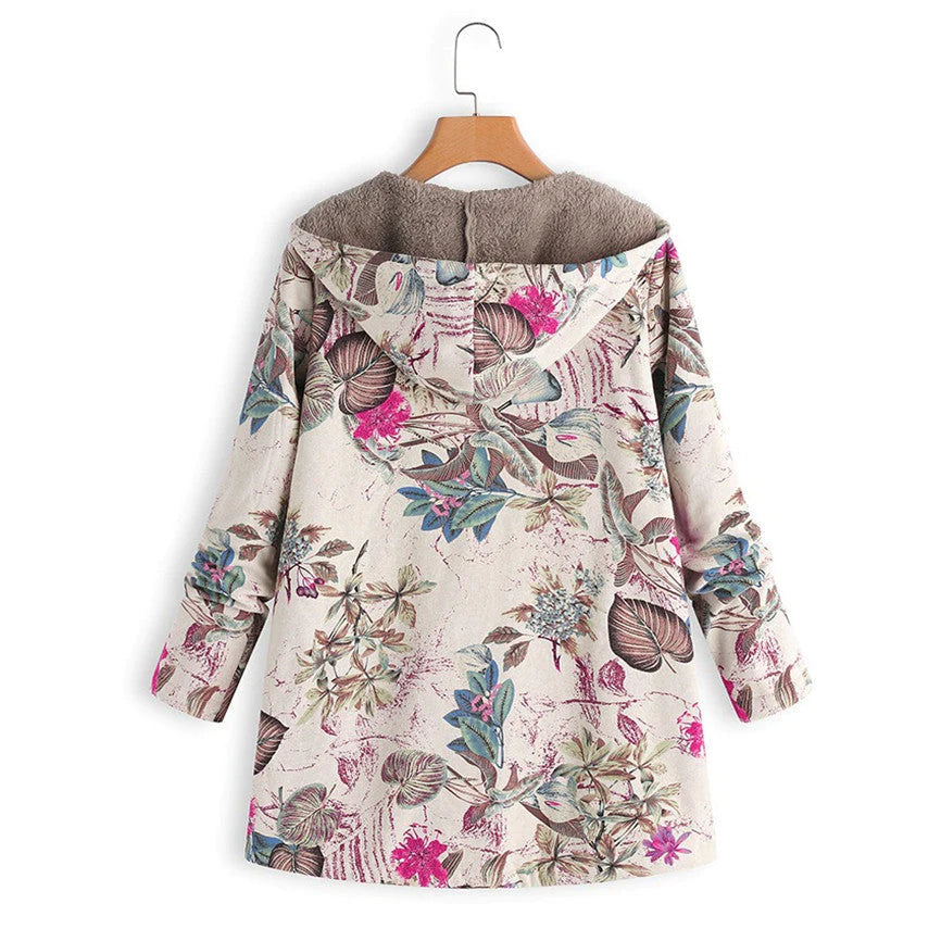 White Floral hooded winter coat for wet weather days, product photo