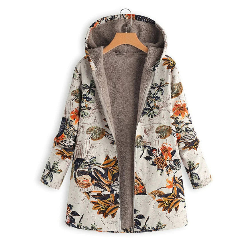 Beige Floral hooded winter coat for wet weather days