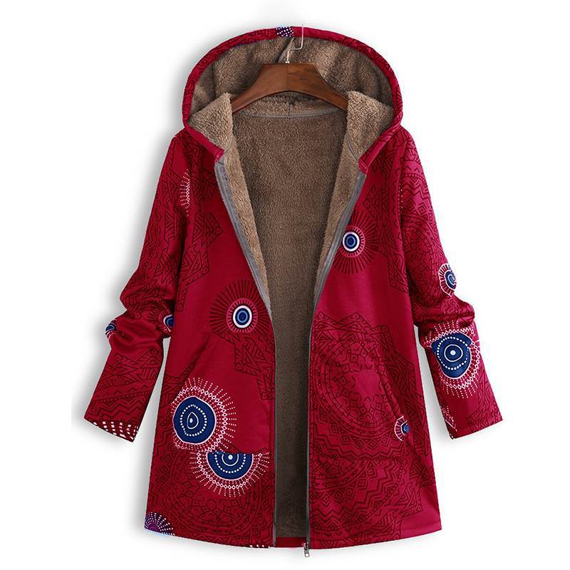 Red Floral hooded winter coat for wet weather days
