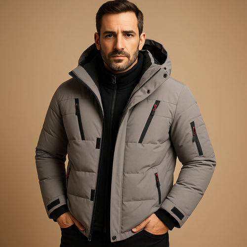 Grey Hooded heavy-duty winter jacket for outdoor days