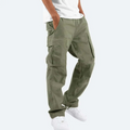 men's olive green drawstring utility cargo trousers with multiple pockets