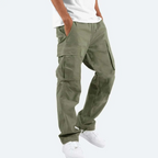 men's olive green drawstring utility cargo trousers with multiple pockets