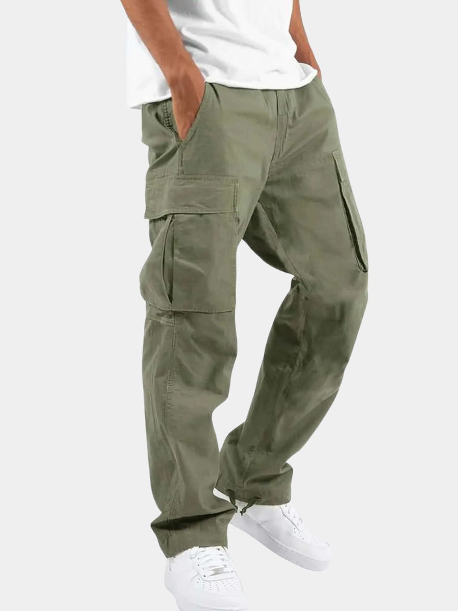 men's olive green drawstring utility cargo trousers with multiple pockets