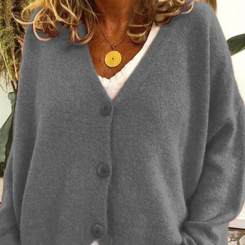 Khaki Cosy v-neck button-front cardigan for autumn, product photo