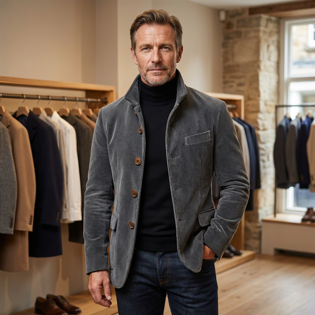 Grey corduroy jacket for men, tailored button-front, transitional style
