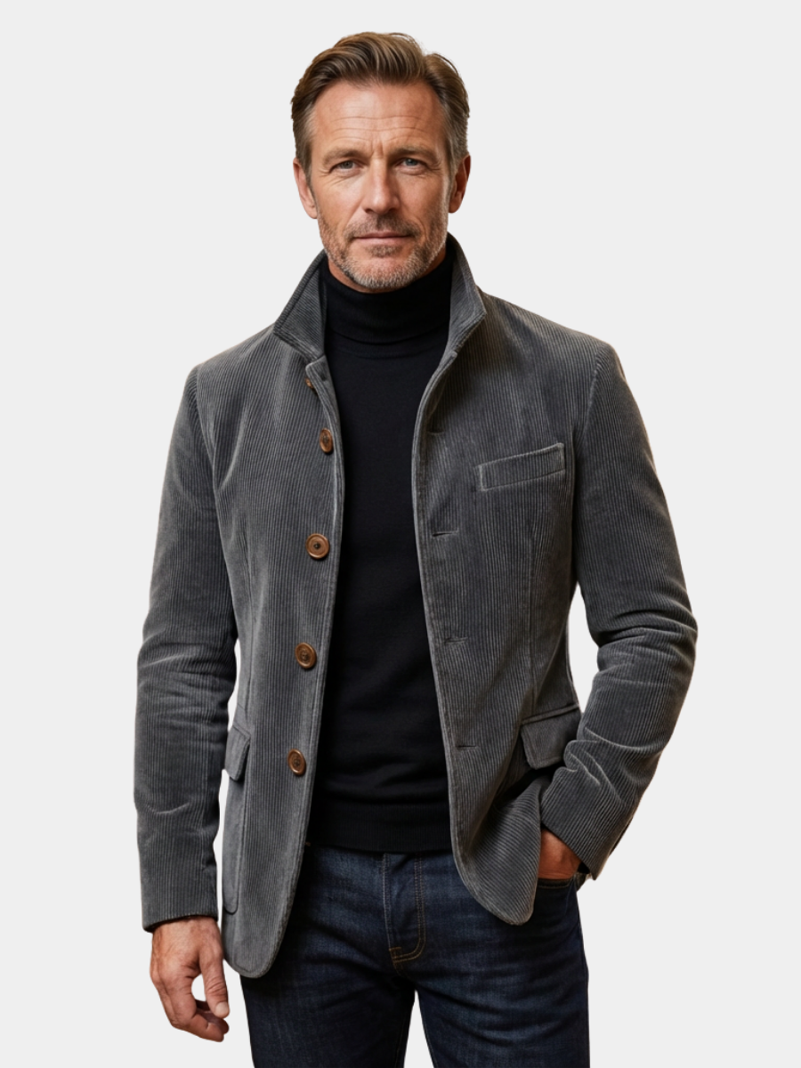 Grey corduroy jacket for men, tailored button-front, transitional style
