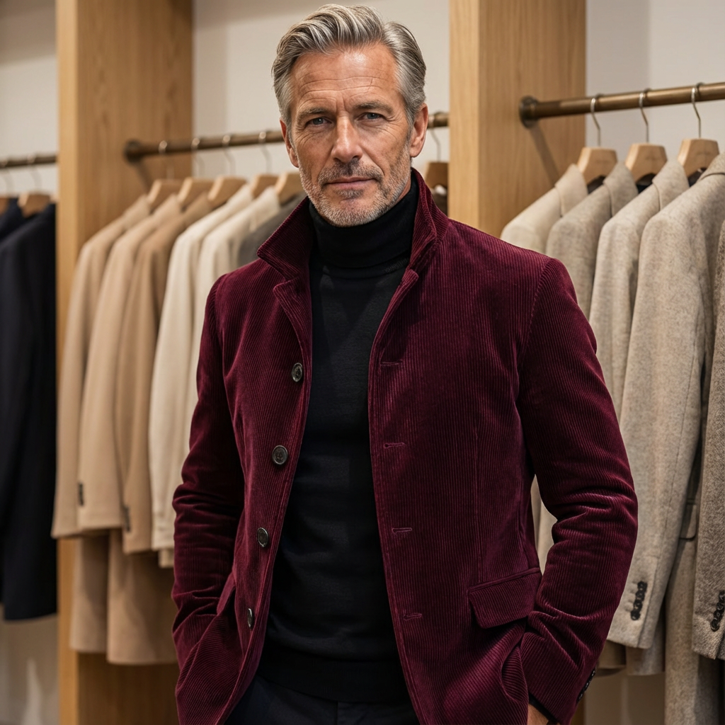 Burgundy corduroy jacket for men, tailored button-front, transitional style