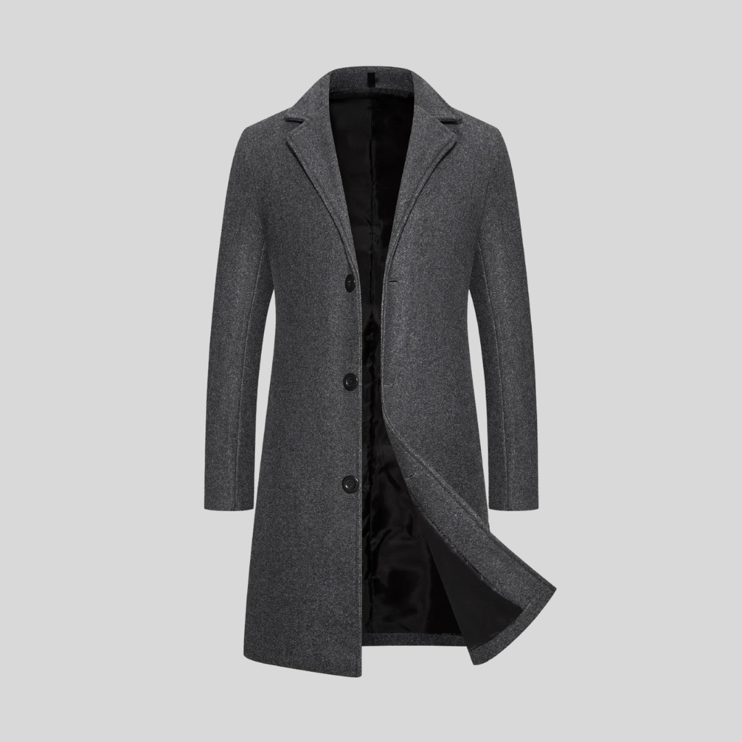 Men's dark grey classic tailored long overcoat with a lapel collar, smart autumn style.
