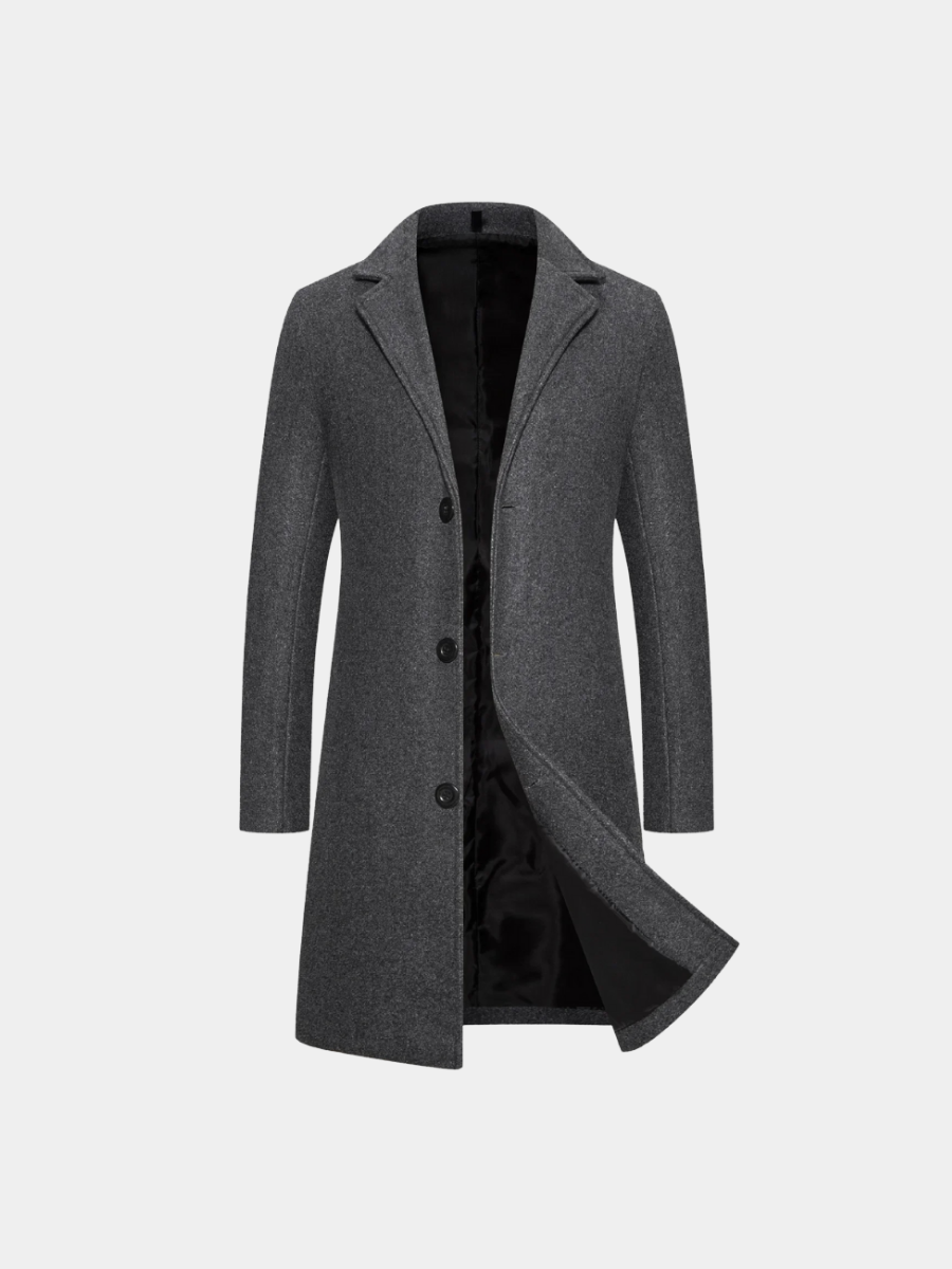 Men's dark grey classic tailored long overcoat with a lapel collar, smart autumn style.