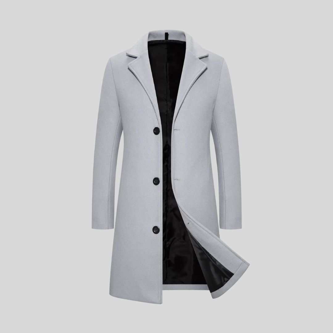 Men's light grey classic tailored long overcoat with a lapel collar, smart autumn style.