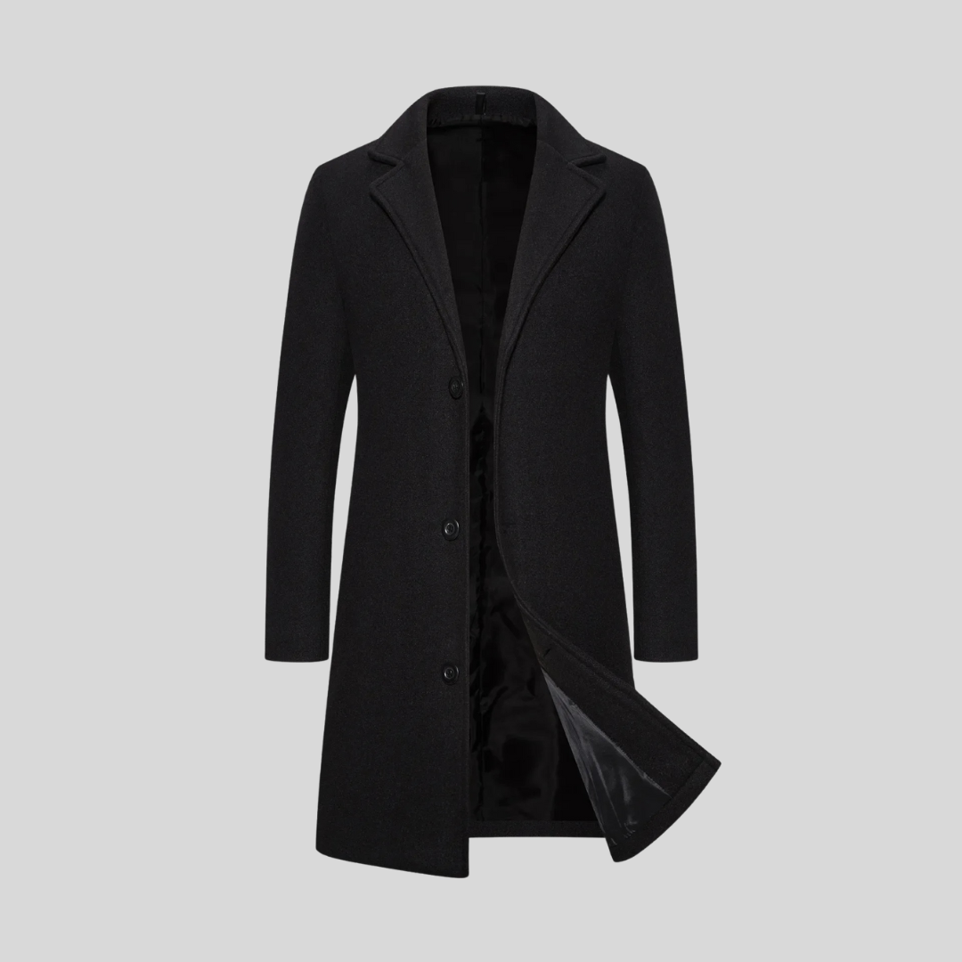 Men's black classic tailored long overcoat with a lapel collar, smart autumn style.