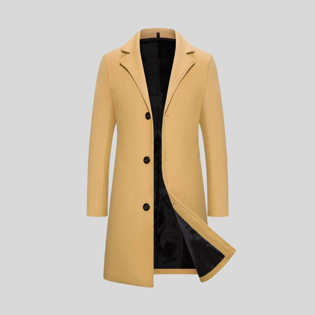 Men's khaki classic tailored long overcoat with a lapel collar, smart autumn style.